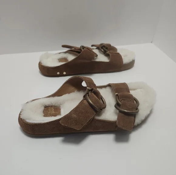Beek Womens Sandals Size 7 Double Buckle Suede Leather Shearling Lined - Picture 3 of 6